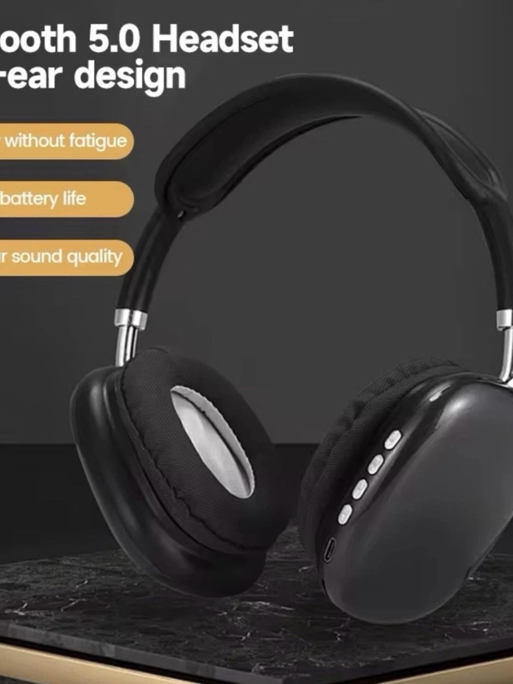 Sleek Black Over-Ear Bluetooth Headphones with Cushioned Earcups